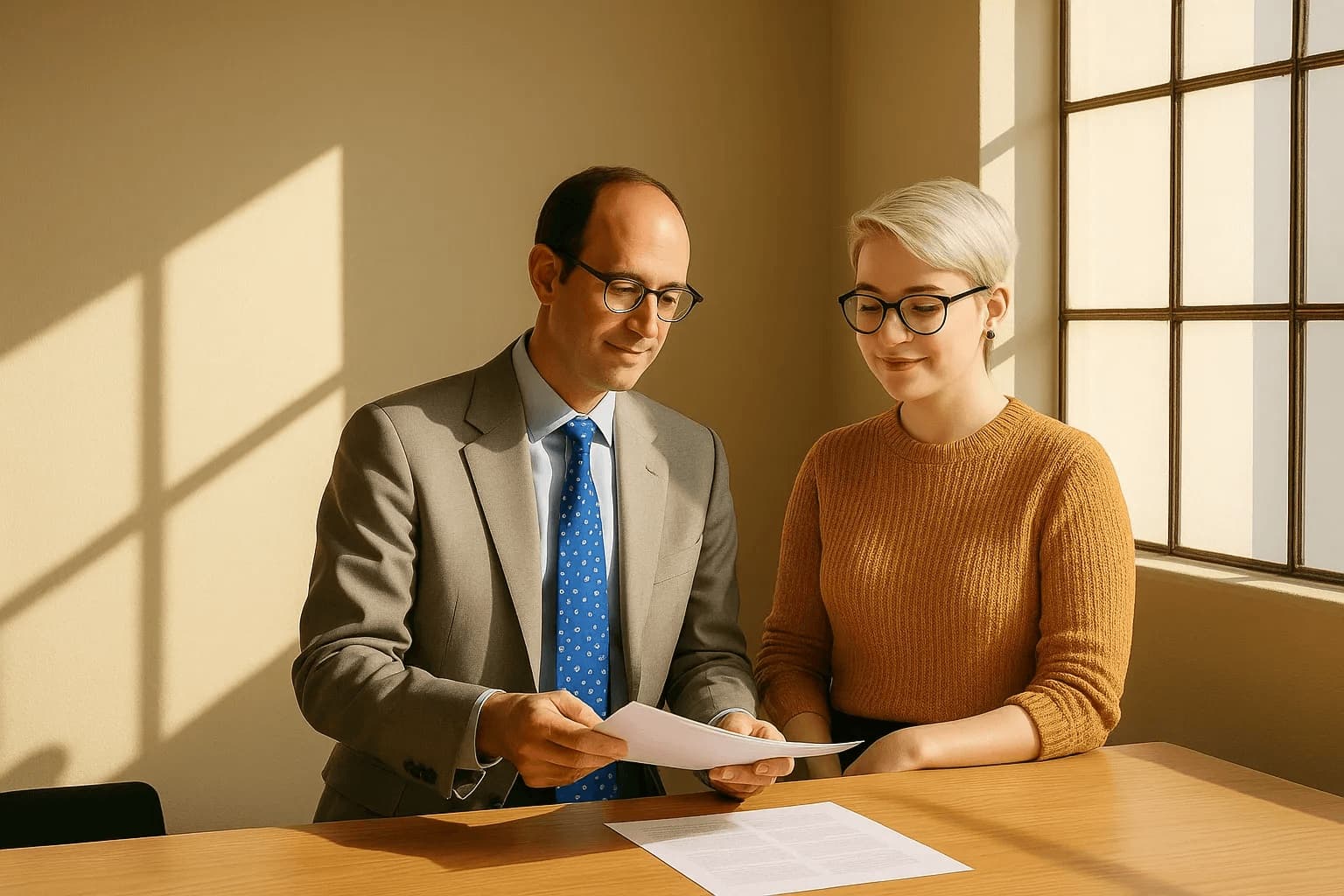 Two lawyers reading through an agreement together